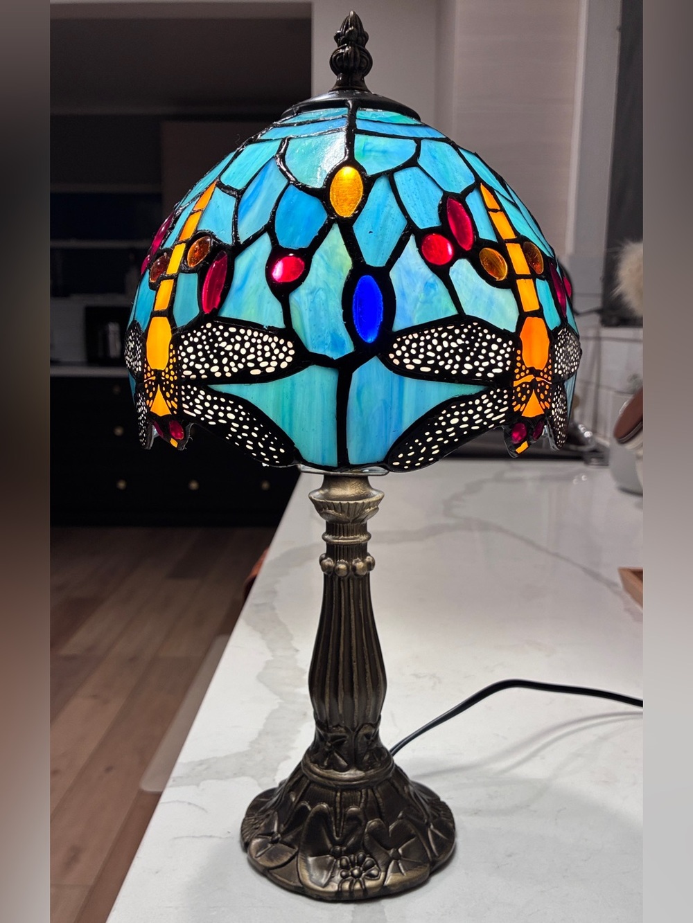 Stained Glass Dragonfly Tiffany-Style Table Lamp - Turquoise & Multicolor